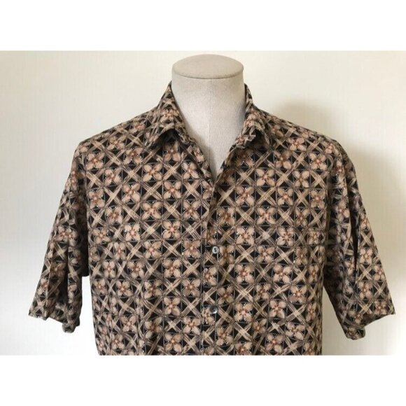 TORI RICHARD Short Sleeve Shirt Size Large Hawaiian Cotton Lawn Black Tan Print - Picture 2 of 8